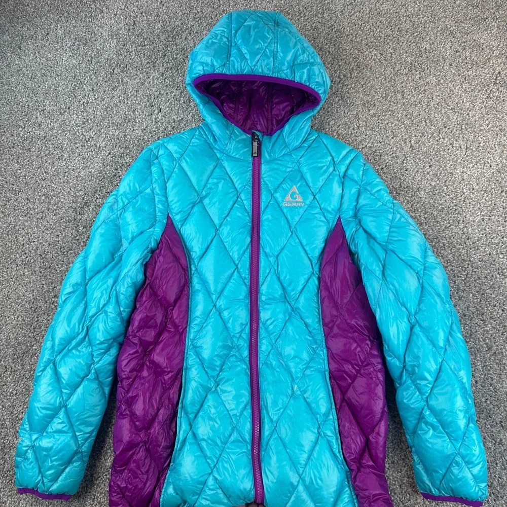 Gerry Kids Down Puffer Jacket L 14/16 Blue Purple Hooded Quilted Coat Gorpcore